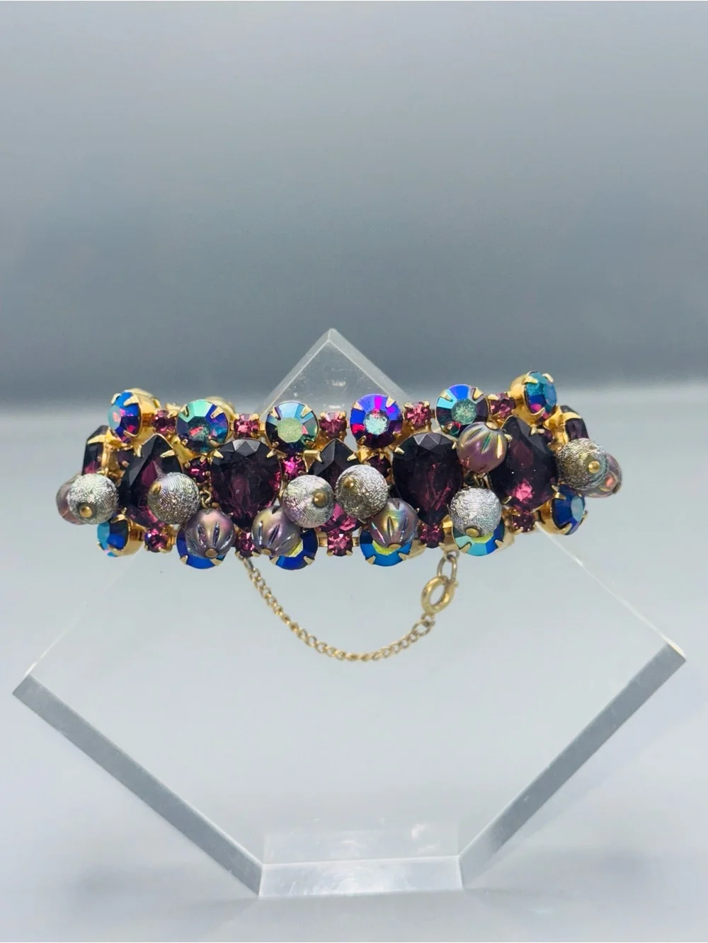 Vintage Purple Crystal Bar Brooch with Aurora Borealis Accents